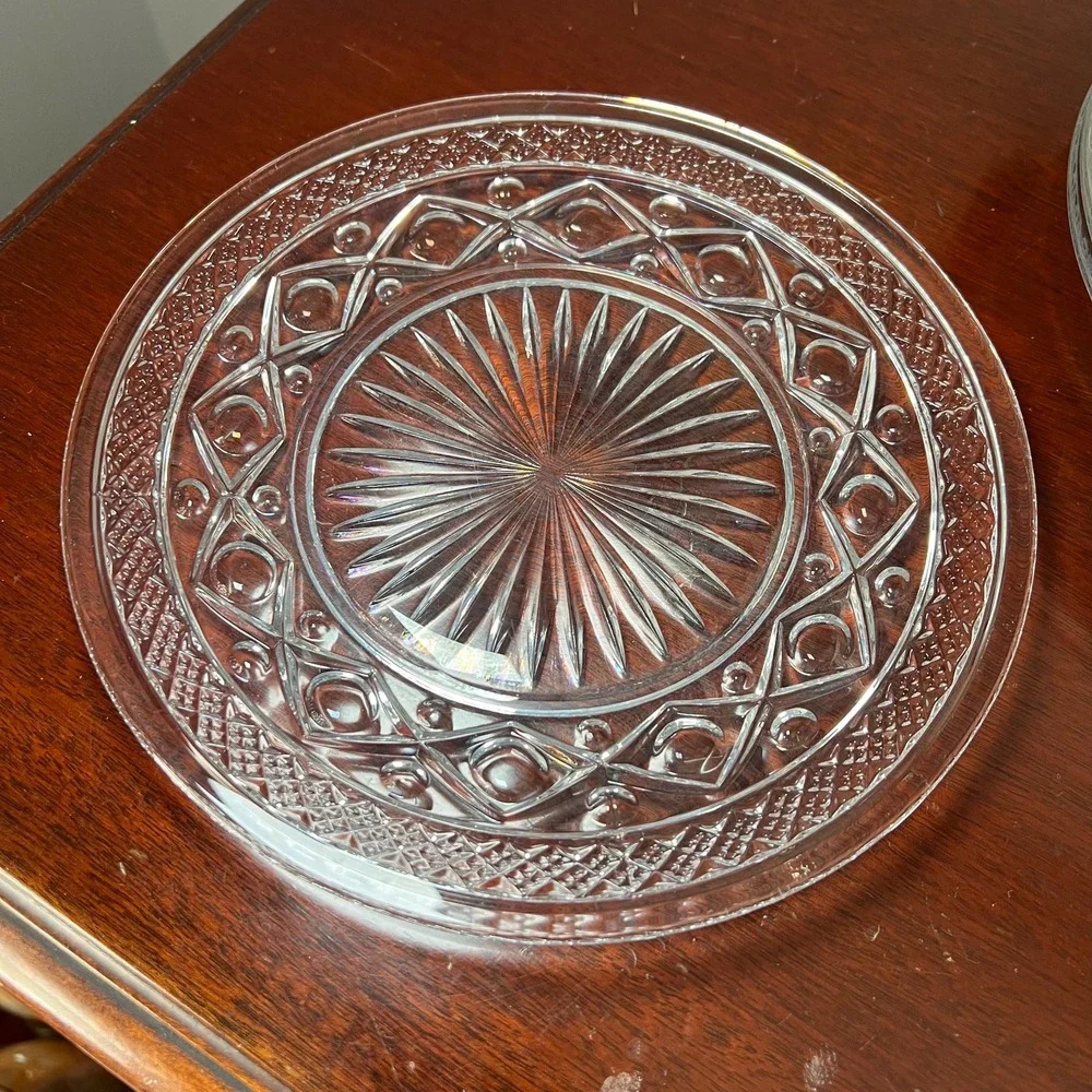 Vintage Clear Glass Salad Plates Set of 8 Starburst Diamond Dessert Plates